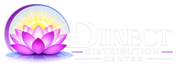 A digital logo graphic featuring a stylized pink and purple lotus flower inside a glowing purple dome with a yellow sunburst, positioned to the left of the text 'DIRECT DISTRIBUTION CENTER' in white outlined lettering on a solid white background.