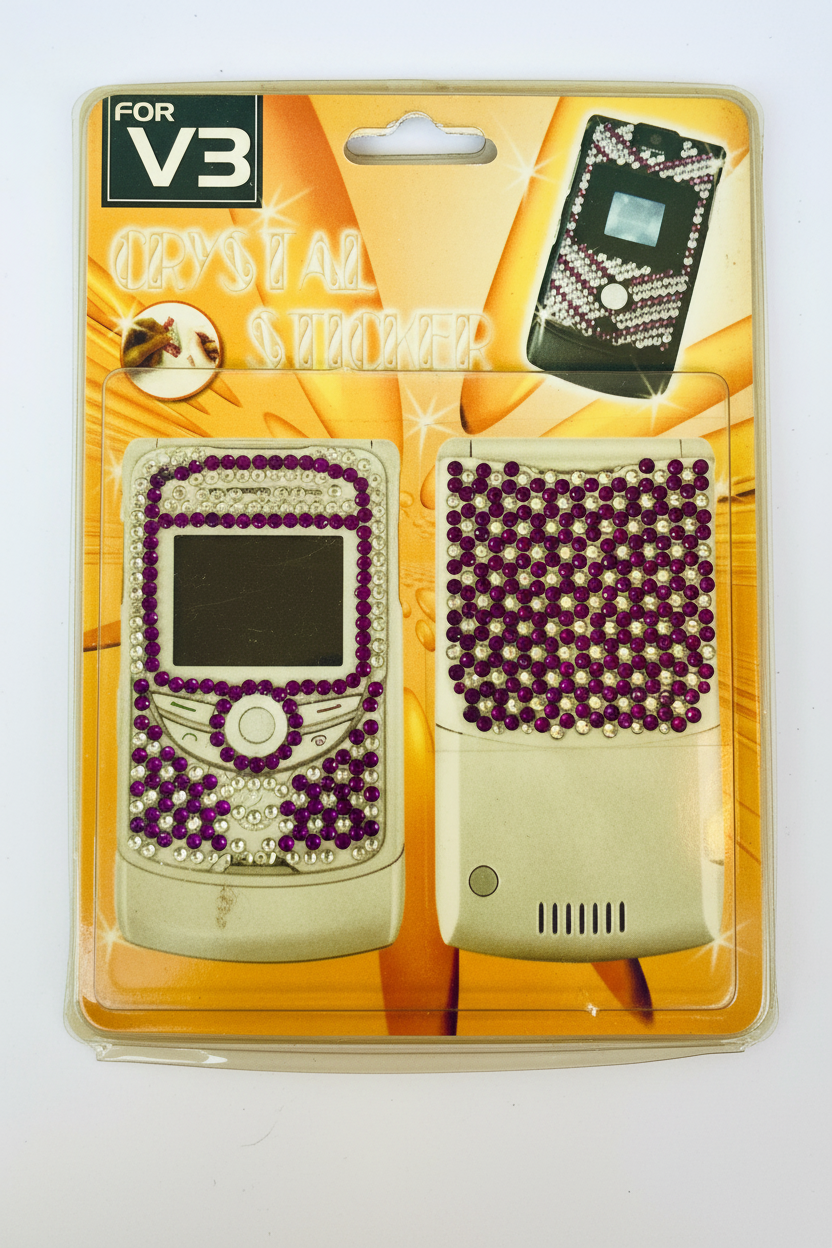 Packaged phone case with purple gemstones for V3 phone on a yellow background