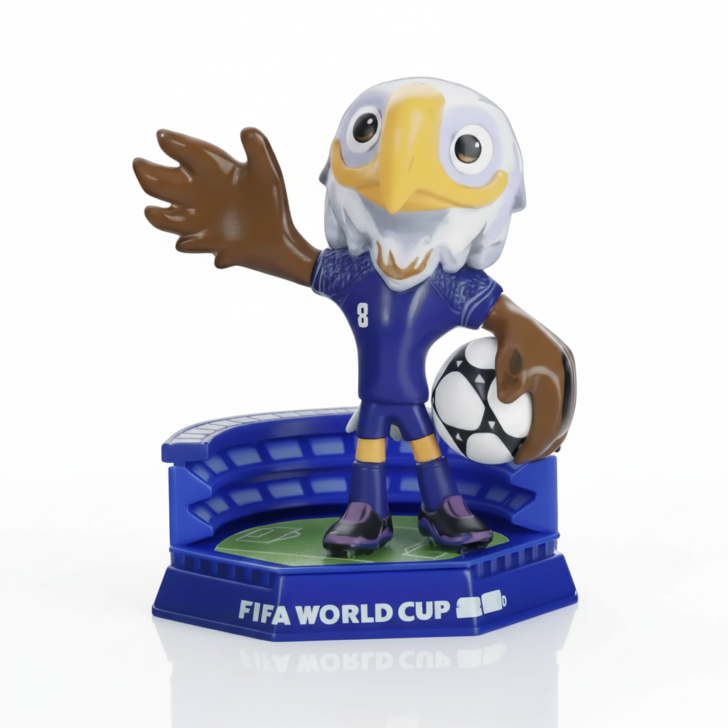 FIFA World Cup themed figurine of an eagle in a blue uniform with a soccer ball.