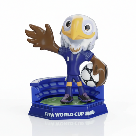 FIFA World Cup themed figurine of an eagle in a blue uniform with a soccer ball.