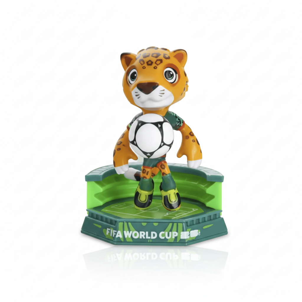 Figurine of a leopard holding a soccer ball with 'FIFA World Cup' branding on a green base.