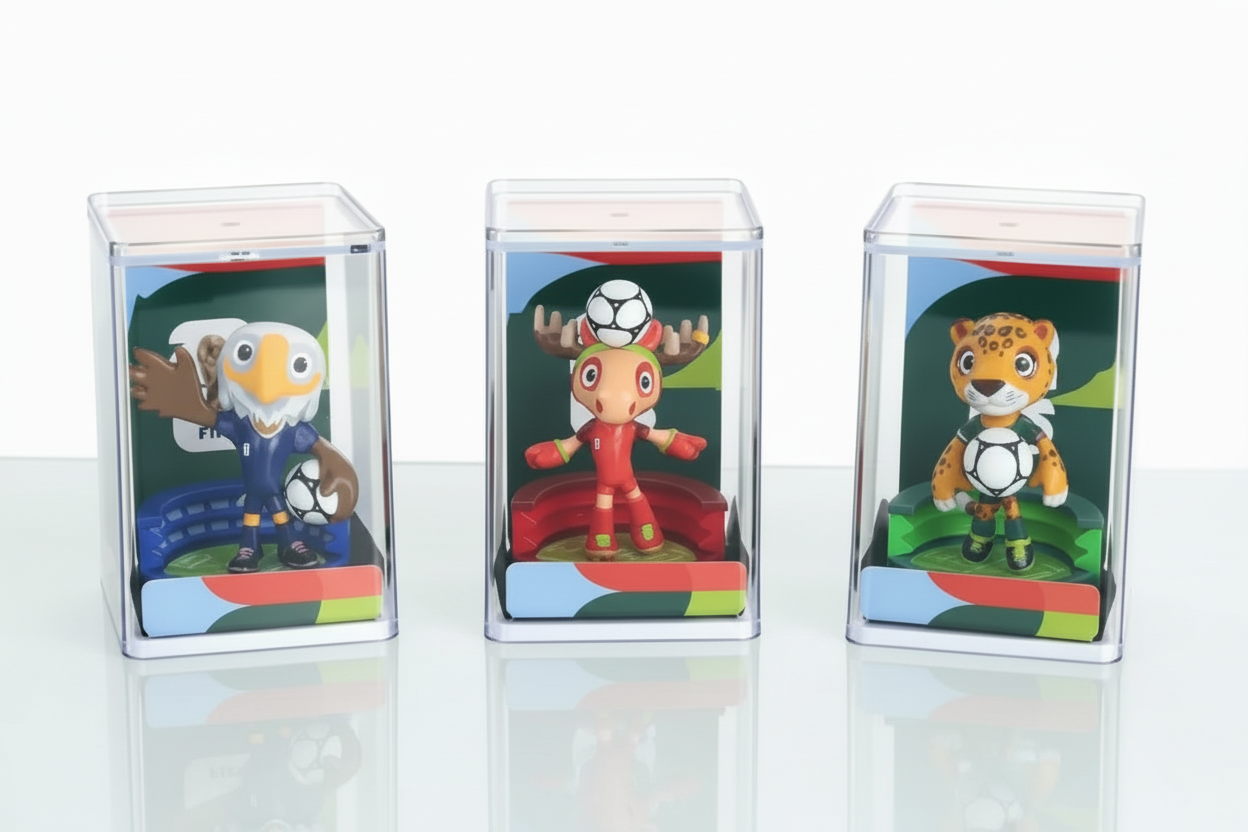 Three toy figures in clear display cases on a white background