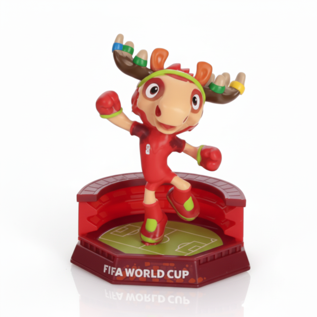 Figurine of a moose character in a red outfit with a green hat, standing on a red platform with 'FIFA World Cup' branding.