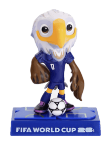 Futuristic eagle robot with a soccer ball on a blue stand, featuring FIFA World Cup branding.