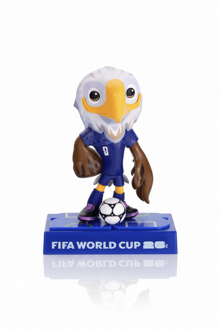 Futuristic eagle robot with a soccer ball on a blue stand, featuring FIFA World Cup branding.