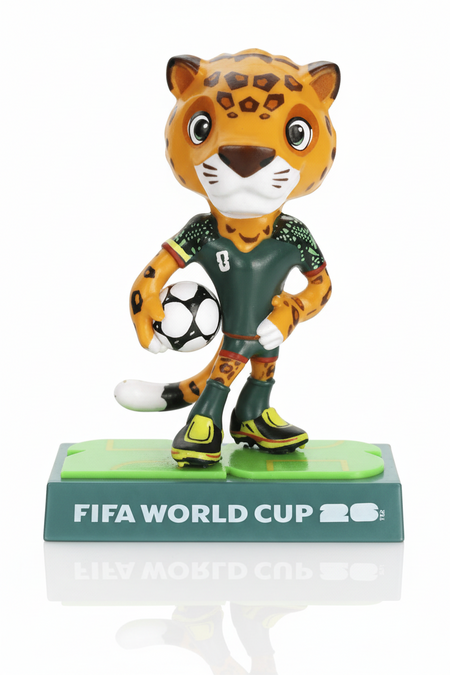 FIFA World Cup figurine with a leopard-like character holding a soccer ball on a green base.
