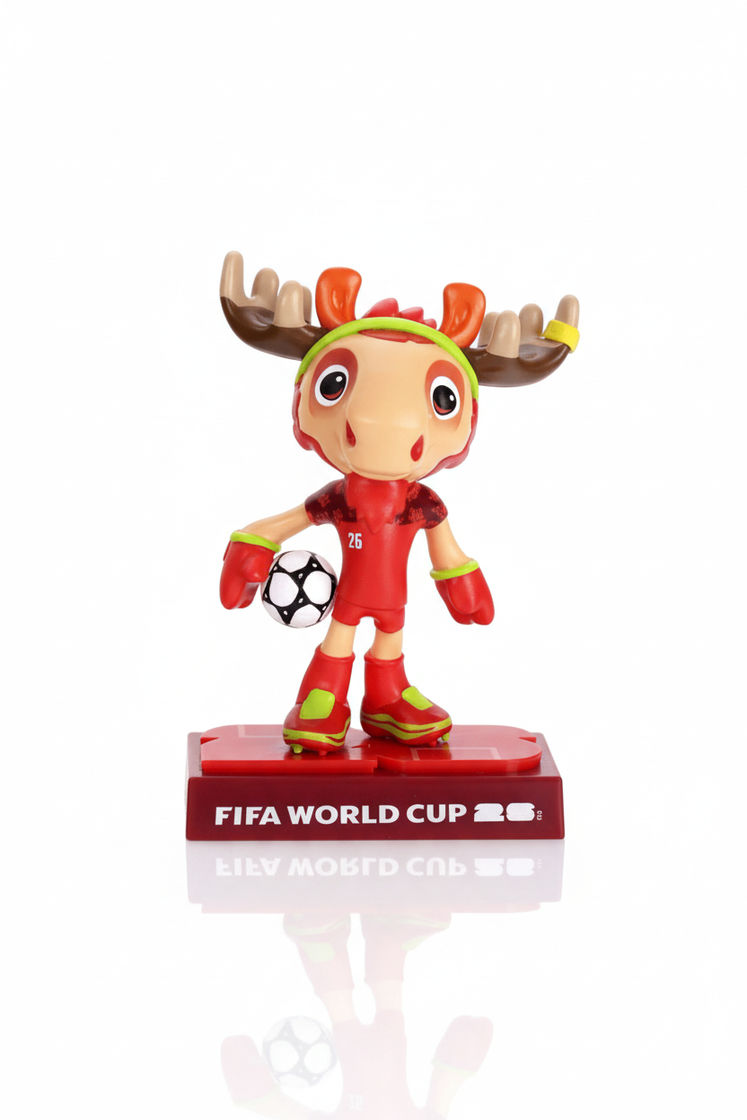 Figurine of a moose character in a red outfit with a soccer ball, featuring 'FIFA World Cup' branding.