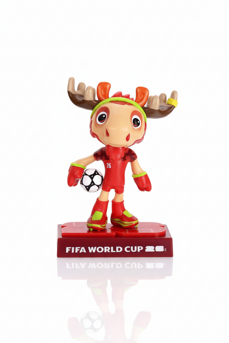 Figurine of a moose character in a red outfit with a soccer ball, featuring 'FIFA World Cup' branding.