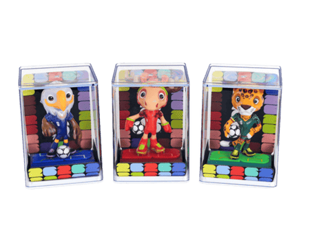 Three colorful toy figures in transparent display cases on a white background