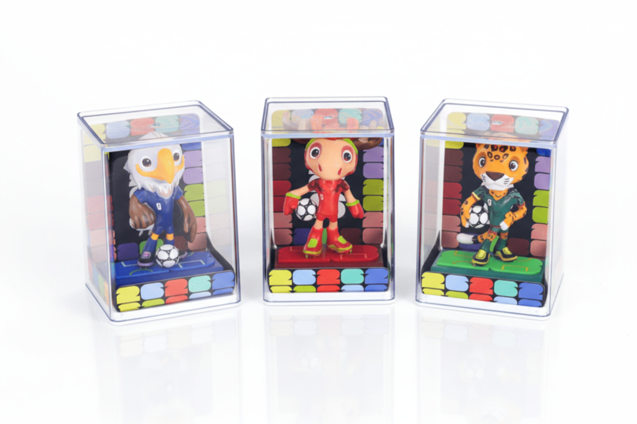 Three colorful toy figures in transparent display cases on a white background
