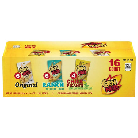 Box of Corn Nuts Crunchy Corn Kernels Variety Pack with different flavors on a white background