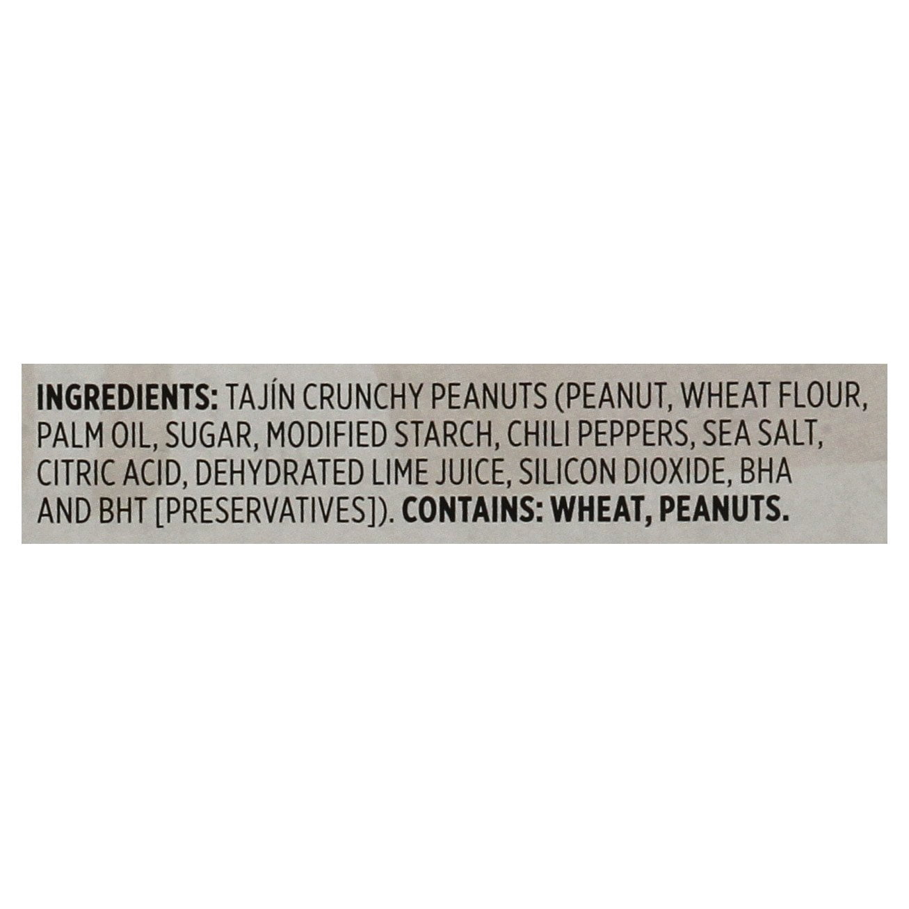 Ingredients list for Tajin Crunchy Peanuts on a white background