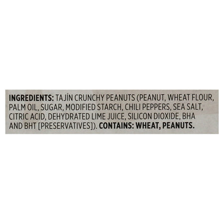 Ingredients list for Tajin Crunchy Peanuts on a white background