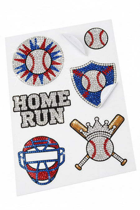 Multiple angle view of baseball crystal rhinestone bling stickers showing sparkle effects