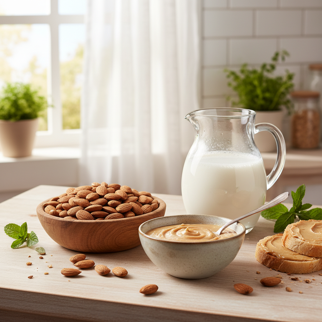 Almonds in wooden bowl with almond butter and almond milk