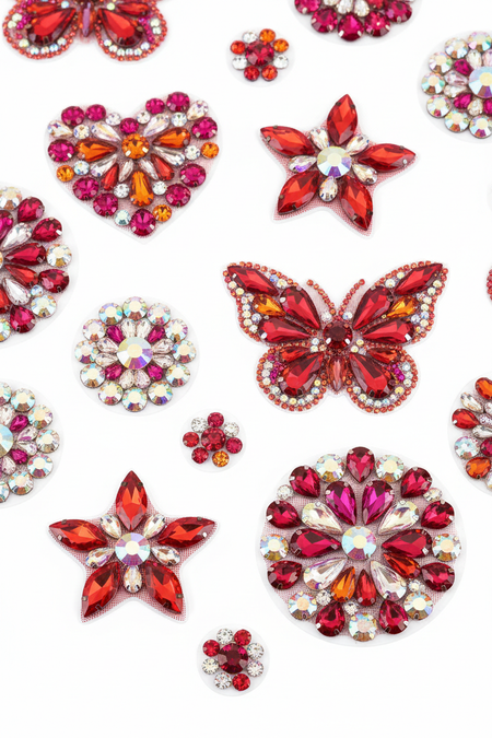 Multiple angle view of red multi-color crystal rhinestone stickers showing sparkle effects