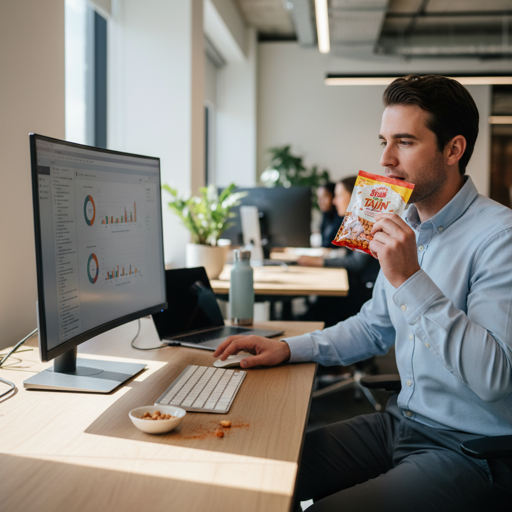 Person eating Snak Club Tajin peanuts at office desk while working