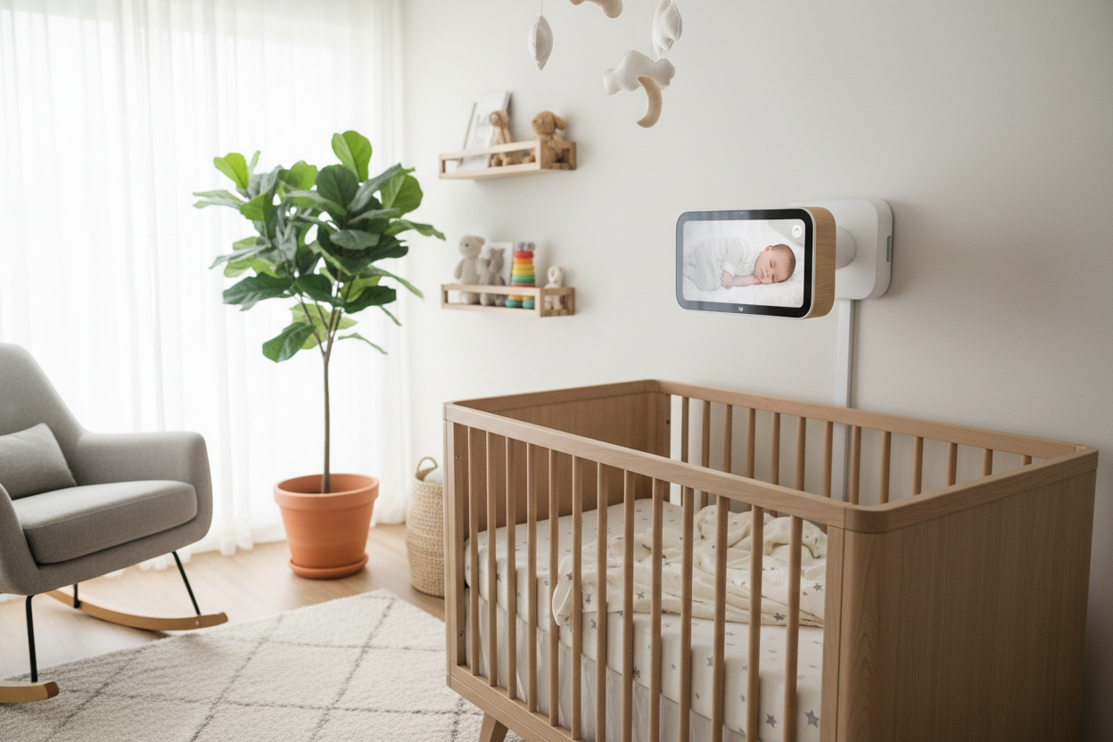 Nanit Smart Baby Monitor camera mounted above crib in modern nursery with sleep tracking