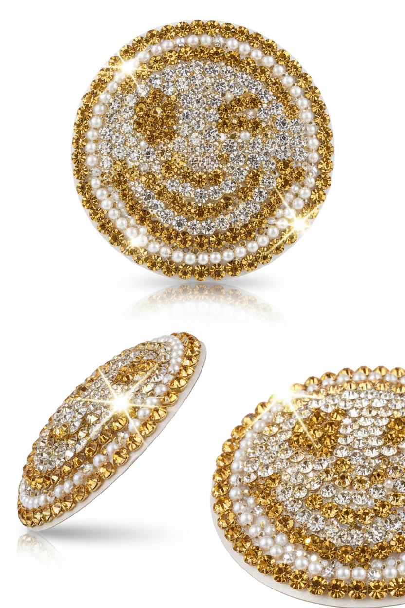 Multiple angle view of golden smile crystal rhinestone stickers showing sparkle effects