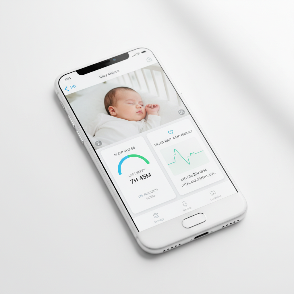 Smartphone showing Nanit baby monitor app with HD video feed and sleep tracking data
