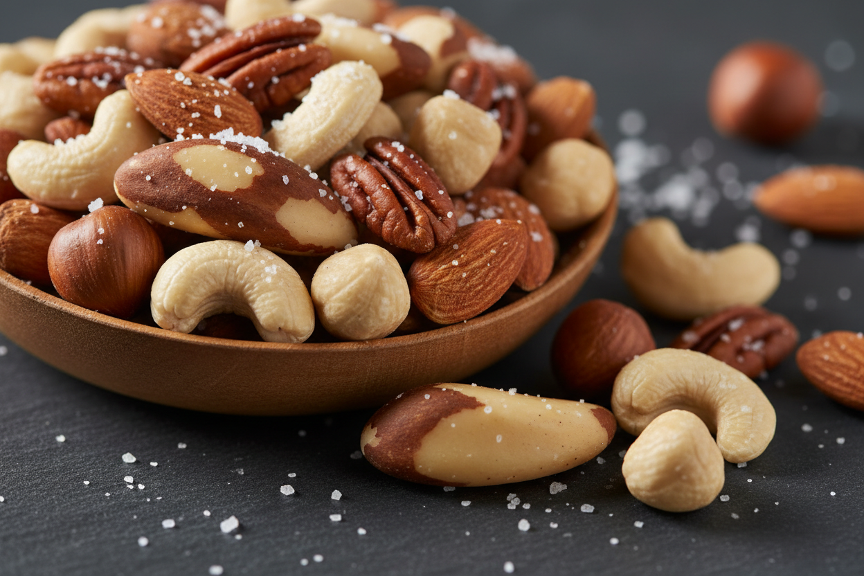 Close-up of premium salted mixed nuts almonds cashews Brazil nuts pecans hazelnuts gourmet blend