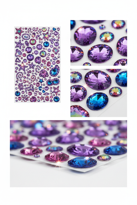 Multiple angle view of purple multi-color crystal rhinestone stickers showing sparkle effects