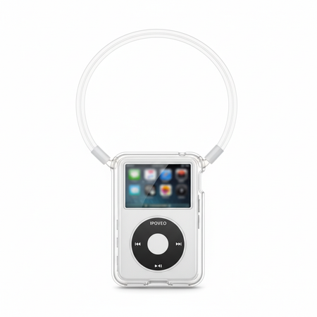 Clear silicone case for iPod Video Classic with necklace lanyard on white background