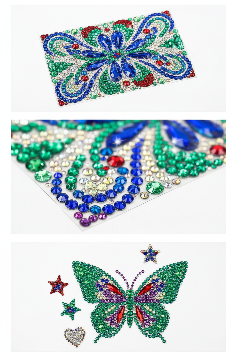 Multiple angle view of green multi-color crystal rhinestone stickers showing sparkle effects