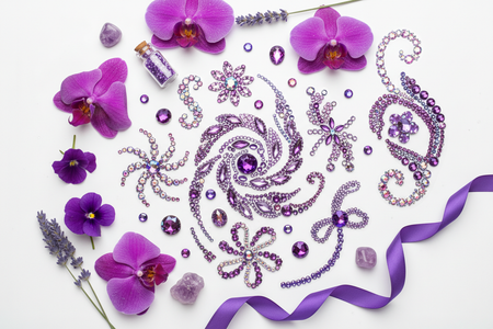 Purple multi-color rhinestone phone stickers flat lay with elegant purple flowers and accessories