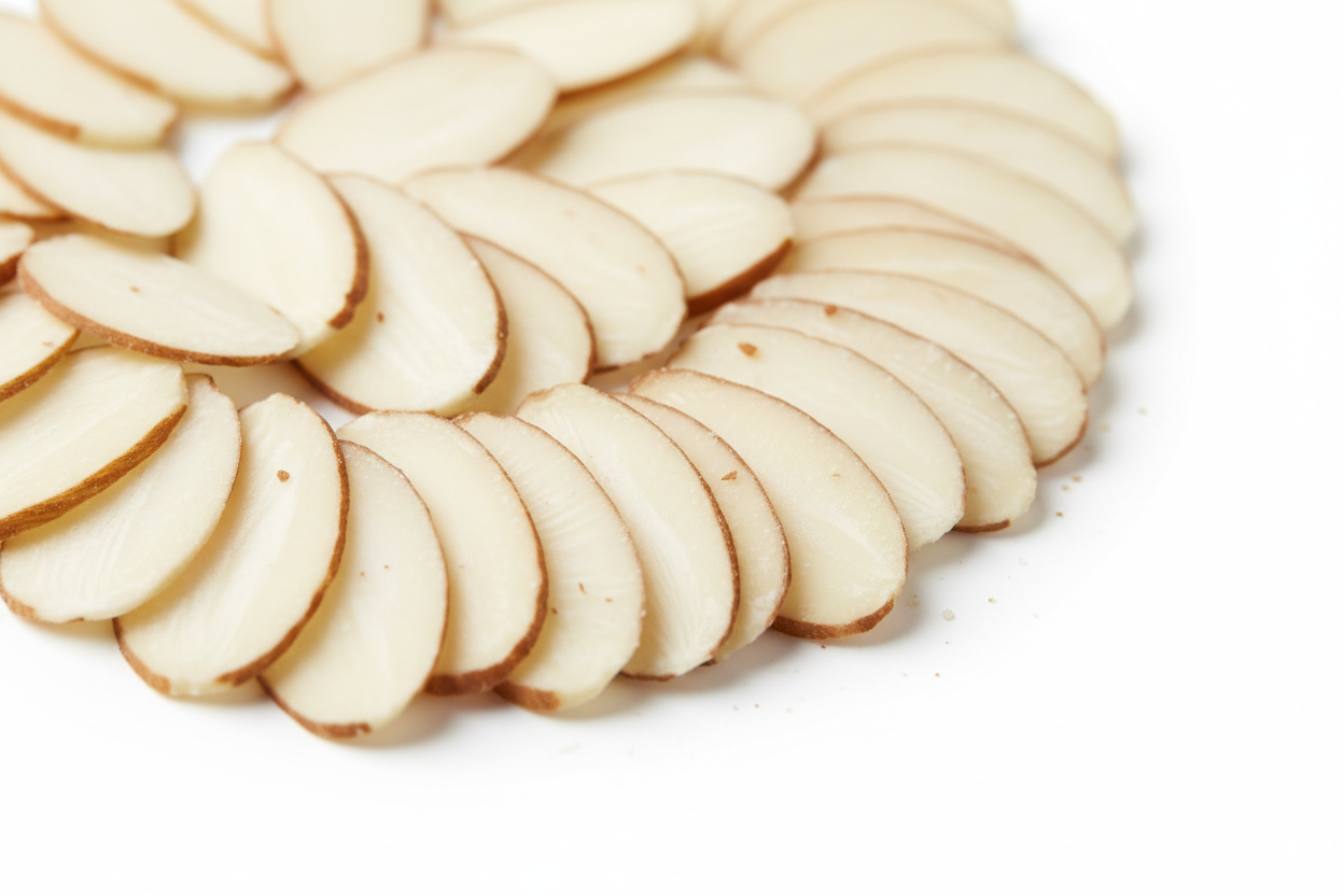 Close-up of raw sliced almonds showing uniform thin slices for baking