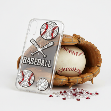 Baseball rhinestone stickers applied to phone case with baseball glove and ball