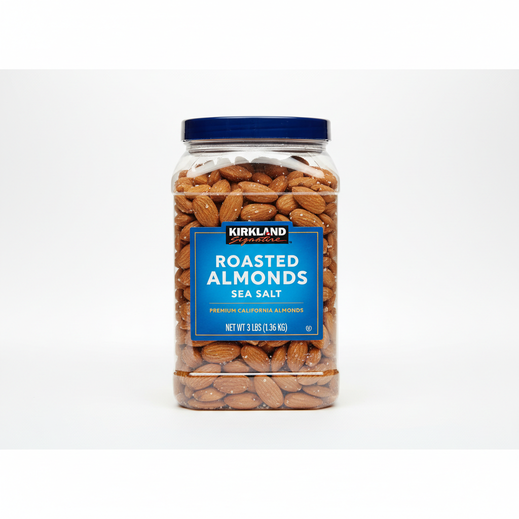 Kirkland Signature Roasted Almonds Sea Salt 2.5 lbs premium California almonds container