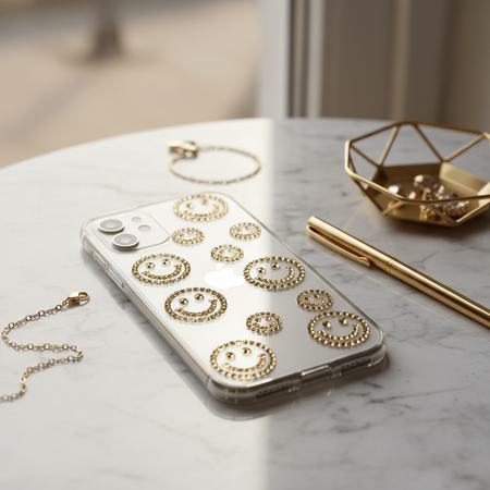 Golden smile rhinestone stickers applied to phone case showing happy bling effect