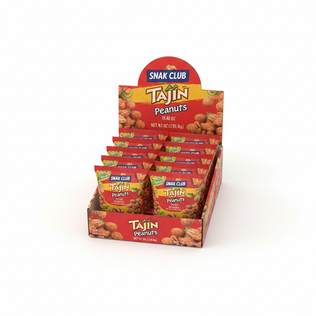 Snak Club Tajin peanuts box top view showing 12 individual packs arranged inside
