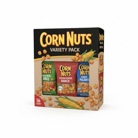 Corn Nuts Variety Pack 16-count box showing multiple flavor 4 oz bags