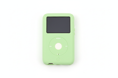 Close-up of light green silicone protective case for iPod Nano showing click wheel access