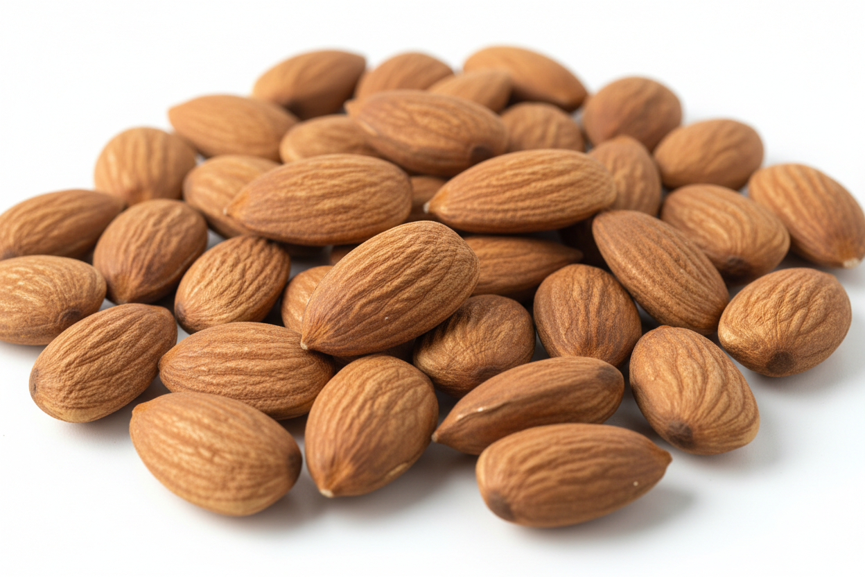 Close-up of premium raw whole almonds showing natural brown skin and perfect shape