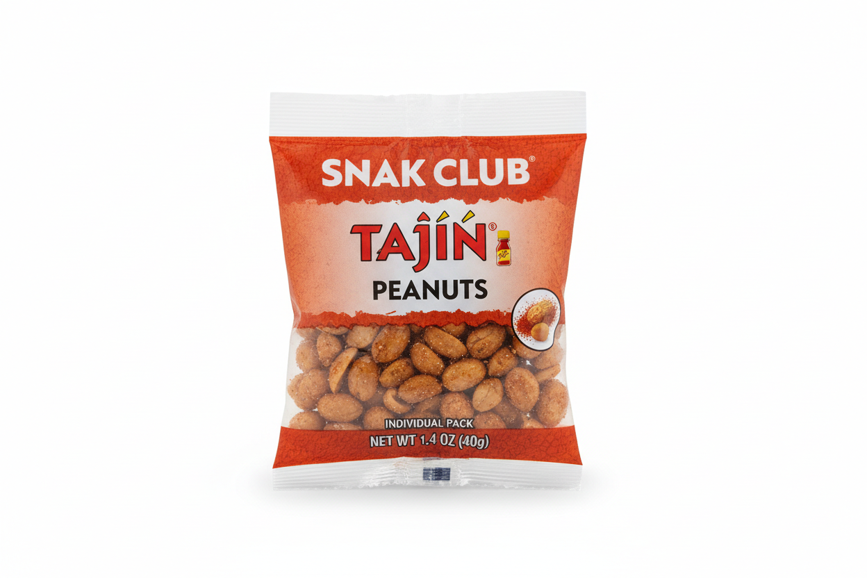 Close-up of single Snak Club Tajin peanuts 1.4 oz individual pack showing front label
