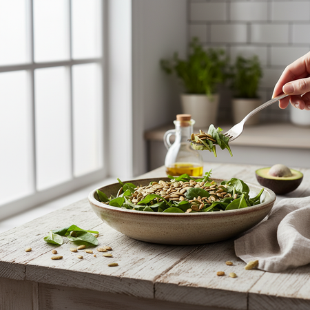 Organic pumpkin seeds in bowl as salad topping healthy eating