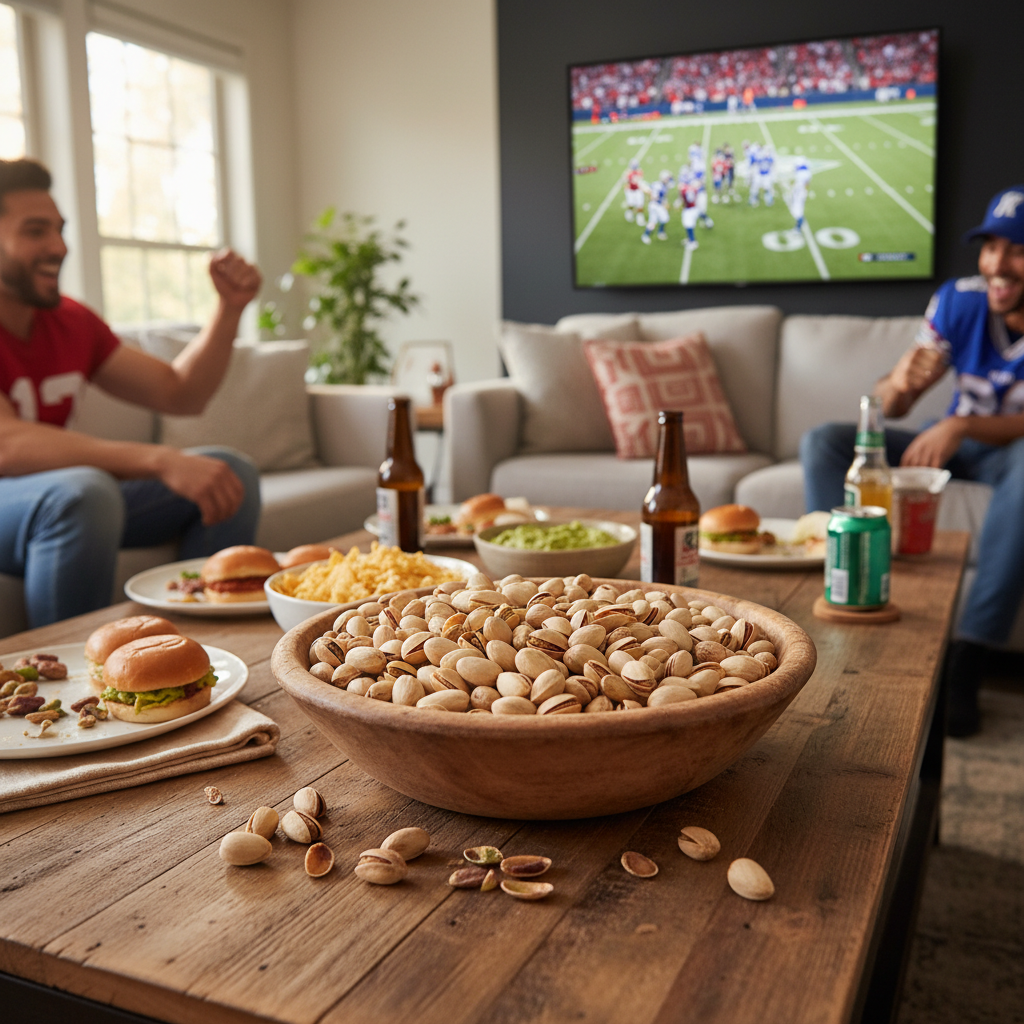 Pistachios in bowl for game day party snacking