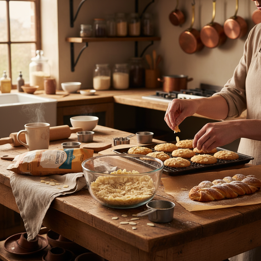 Sliced almonds being used in baking with cookies and pastries
