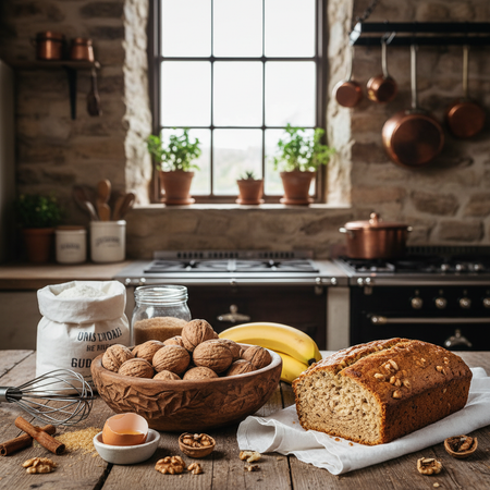 Walnuts in wooden bowl with banana bread and baking ingredients lifestyle photo