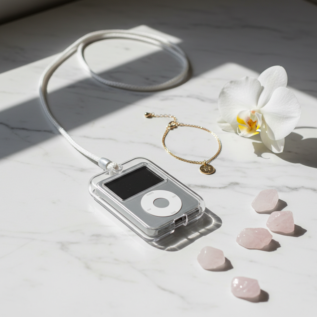 Crystal clear iPod Nano case with necklace lanyard lifestyle photo