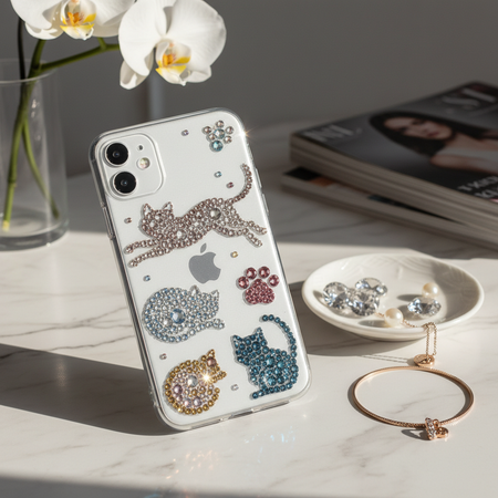 Cat rhinestone stickers applied to phone case showing cute pet bling effect