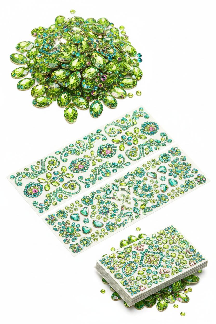 Multiple angle view of light green multi-color crystal rhinestone stickers showing sparkle effects