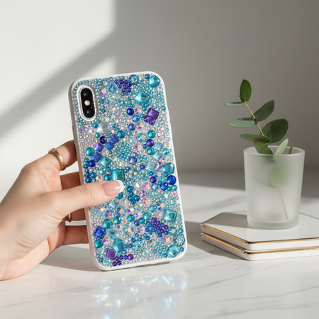 Blue multi-color rhinestone stickers applied to phone case showing cool colorful bling