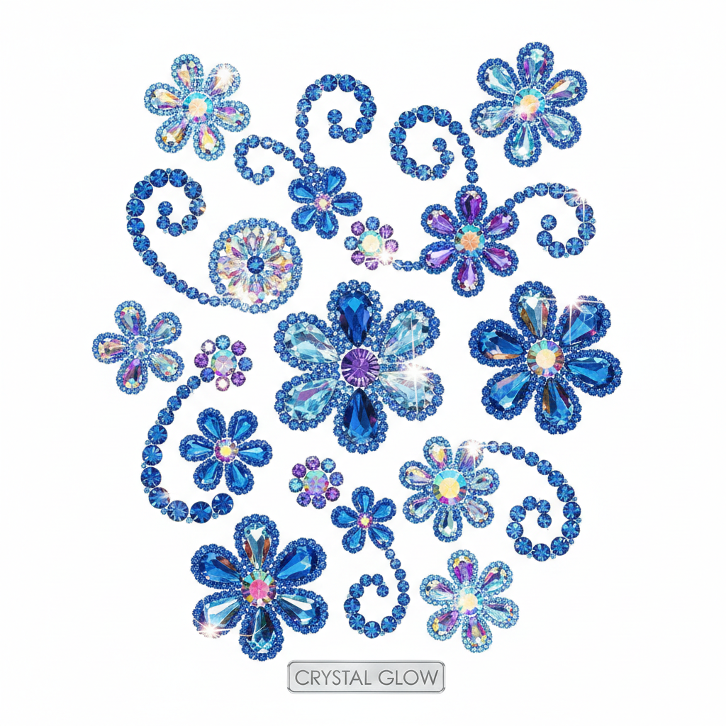 Blue multi-color crystal rhinestone phone stickers with sparkling gems on white background