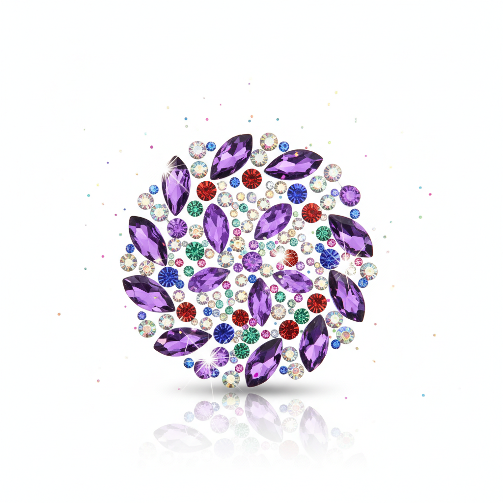 Purple multi-color crystal rhinestone phone stickers with sparkling gems on white background