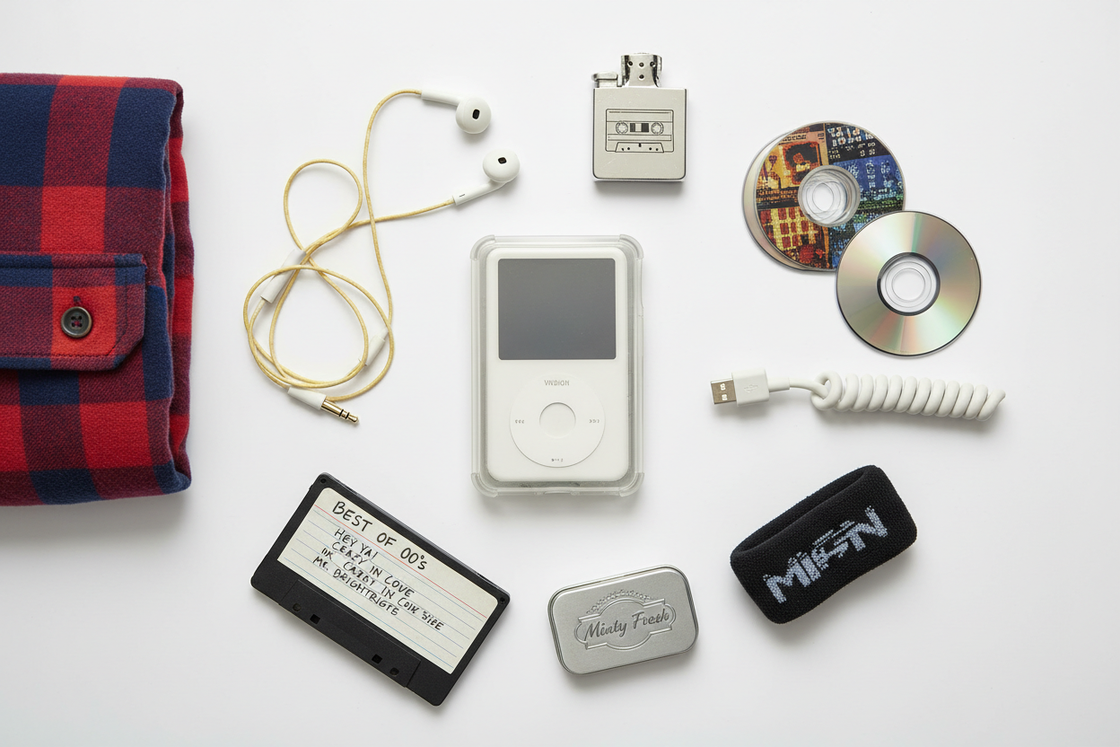 Clear transparent silicone iPod Video Classic case flat lay with vintage music accessories