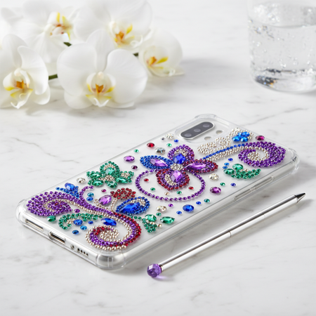 Purple multi-color rhinestone stickers applied to phone case showing royal colorful bling